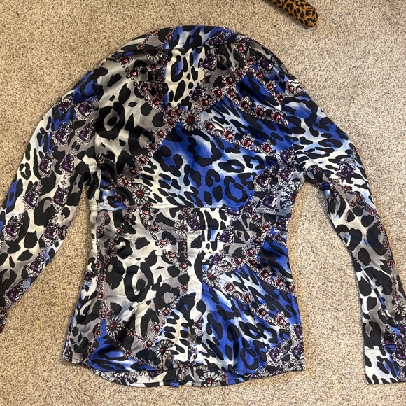 Cache Multicolor Satin Animal-Print Blouse in Blue, Black, Silver and Purple! - Picture 7 of 7